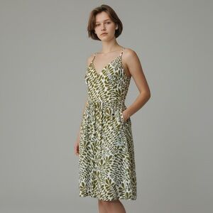 Trina Turk 100% Silk V-Neck Midi Slip Dress with Olive Leaf Print  Size Medium